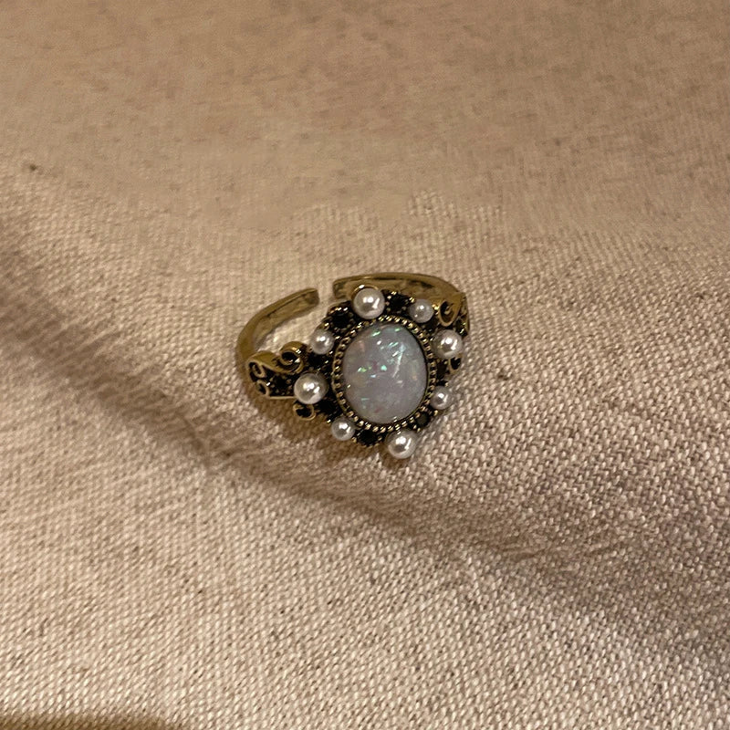 Vintage Black Gold Color Zircon Love Cross Open Ring for Women Y2K Imitation Pearl Personality Index Finger Rings Gothic Jewelry