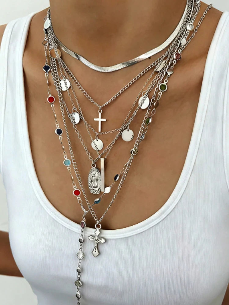 7Pcs Gold Color Cross Tassel Layered Necklace Set For Women Pearl Snake Chain Chokers Y-Necklace Trendy Statement Jewelry Gifts