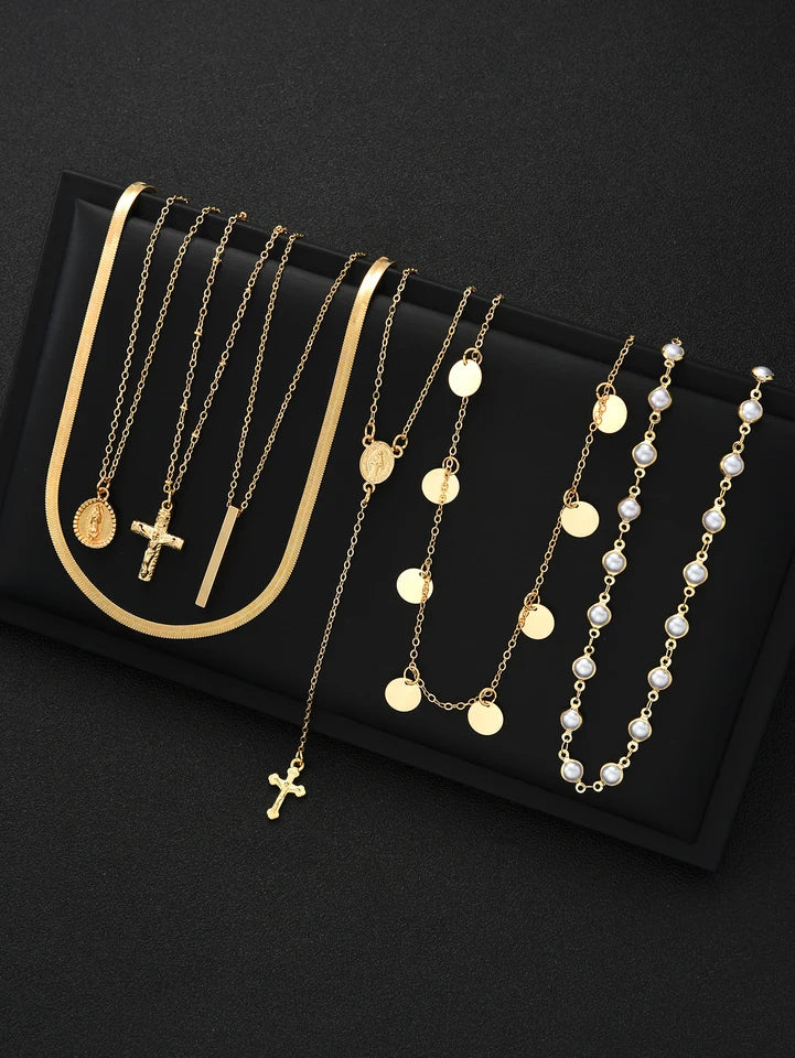 7Pcs Gold Color Cross Tassel Layered Necklace Set For Women Pearl Snake Chain Chokers Y-Necklace Trendy Statement Jewelry Gifts