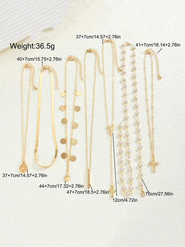 7Pcs Gold Color Cross Tassel Layered Necklace Set For Women Pearl Snake Chain Chokers Y-Necklace Trendy Statement Jewelry Gifts
