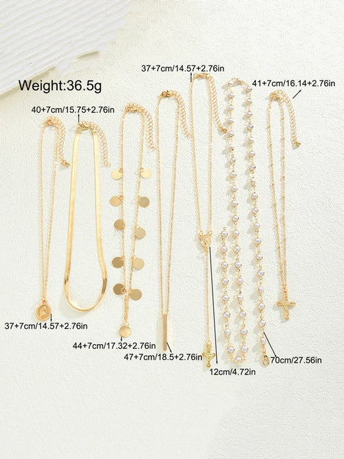7Pcs Gold Color Cross Tassel Layered Necklace Set For Women Pearl Snake Chain Chokers Y-Necklace Trendy Statement Jewelry Gifts