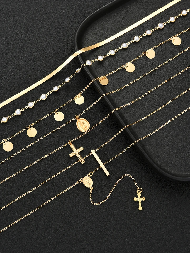 7Pcs Gold Color Cross Tassel Layered Necklace Set For Women Pearl Snake Chain Chokers Y-Necklace Trendy Statement Jewelry Gifts