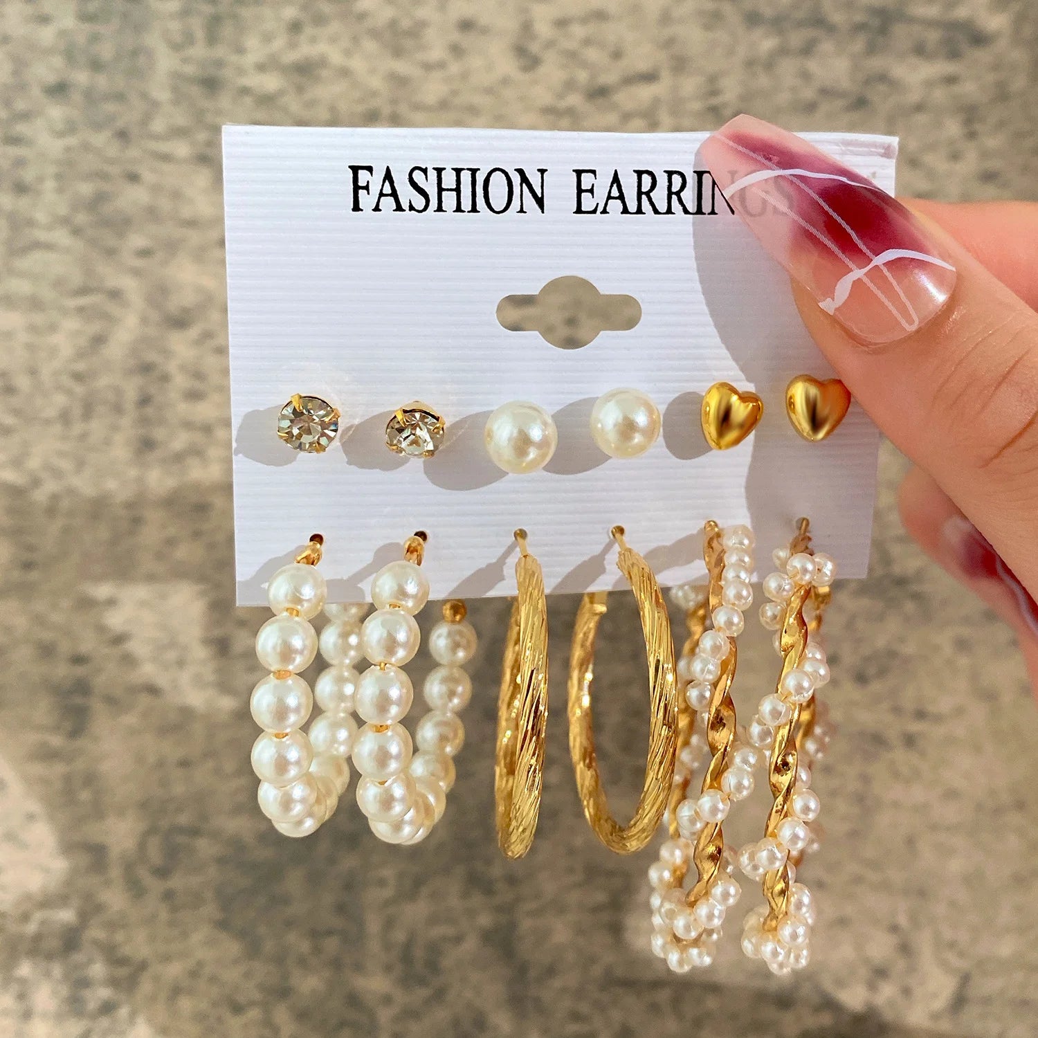 Boho Gold Color Pearl Earrings Set for Women Fashion Vintage Chunky Heart Zircon Geometric Studs Earrings Simple Jewelry Gifts