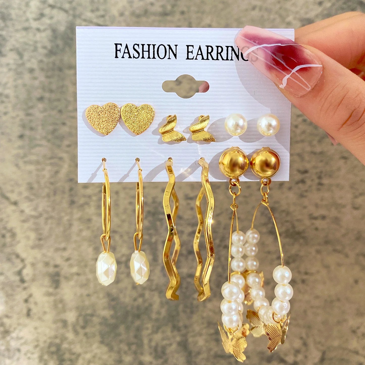 Boho Gold Color Pearl Earrings Set for Women Fashion Vintage Chunky Heart Zircon Geometric Studs Earrings Simple Jewelry Gifts