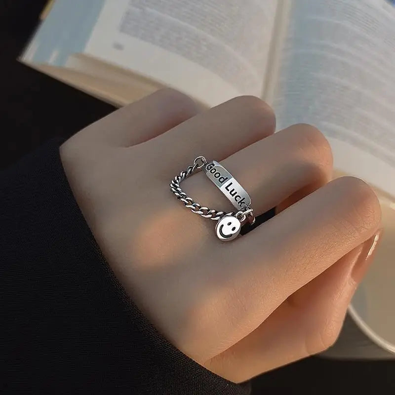 Vintage Smiley Letter Cross Chain Ring, Open Adjustable Hip Hop Jewelry for Men and Women, Cool Gold/Silver Accessories Gifts, Fast Delivery