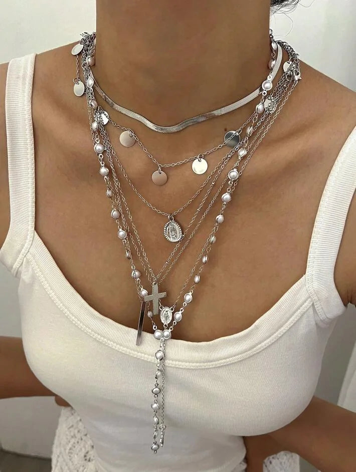 7Pcs Gold Color Cross Tassel Layered Necklace Set For Women Pearl Snake Chain Chokers Y-Necklace Trendy Statement Jewelry Gifts