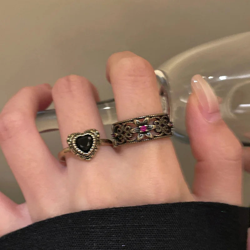 Vintage Black Gold Color Zircon Love Cross Open Ring for Women Y2K Imitation Pearl Personality Index Finger Rings Gothic Jewelry
